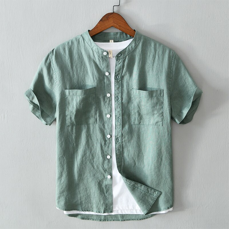 100%  linne vit skjorta herr kortärmade toppar sommar solid andas skjorta två fickor camisa masculina 560