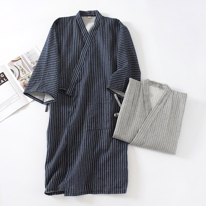 Cotton Kimono Style Bathrobe Men's Spring Summer and Autumn Thin Steamed Bathrobe Nine-quarter Sleeves One-piece Robe Men Kimono