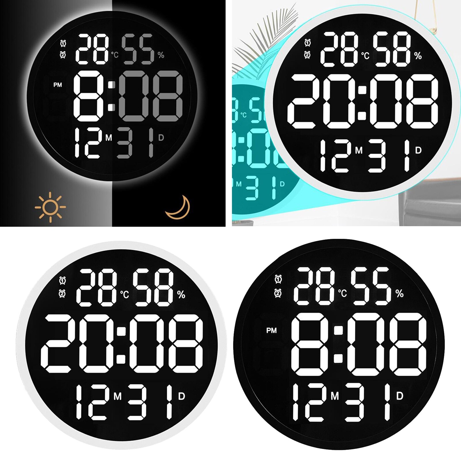 12'' Large LED Wall Clock Temperature Humidity Timekeeping Alarm Clocks
