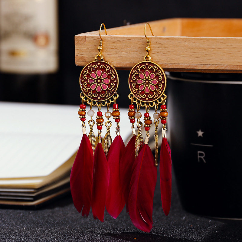 Pendientes bohemios largos de plumas colgantes para Mujer, Pendientes largos de playa con borlas, Pendientes esmaltados de flores hechos a mano, Pendientes de boda para novia para Mujer