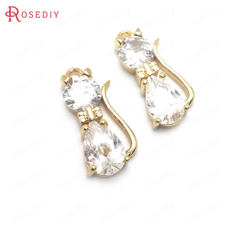 (36442)6PCS 19x9MM 24K Champagne Gold Color Brass with Zircon Cat Charms Pendants Diy Jewelry Findings Accessories