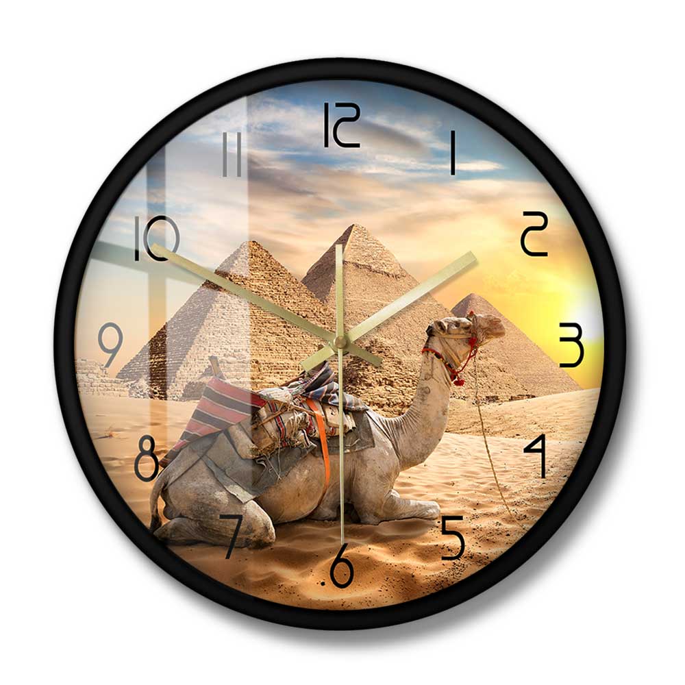 Sahara Animals Sunset Desert Camel Wall Clock Egypt Pyramids Egyptian Architecture Home Decor Quiet Clocks Africa Travel: Metal Frame