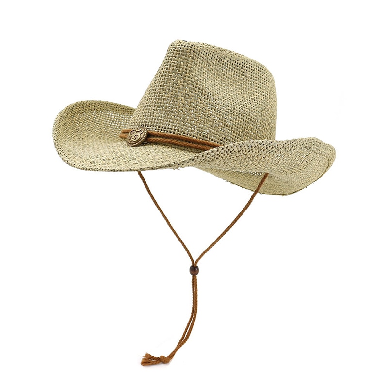 QDKPOTC Summer Unisex Western Cowboy Hats Hollow Straw Cap With Rope Outdoor Sandy Beach Men Women Caps Sun Hats