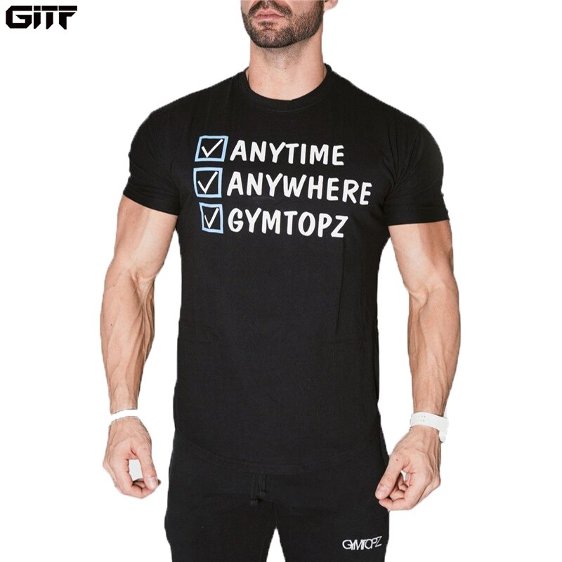 GITF Men Running Jogging Cotton t shirt Gym Fitness Bodybuilding Workout Training Short sleeve T-shirts Male Tees Tops Clothing