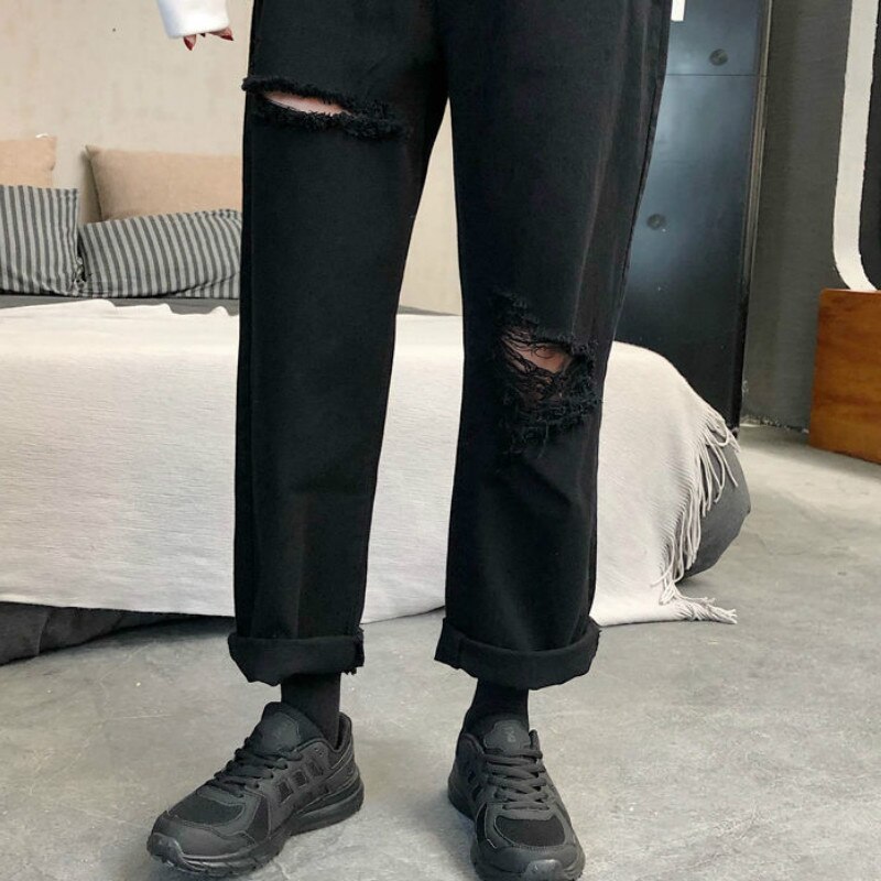 Jeans Vrouwen Denim Gat Zipper Button Zakken Losse Rechte Casual Broek Koreaanse Trendy Retro Harajuku Dagelijkse Womens Streetwear
