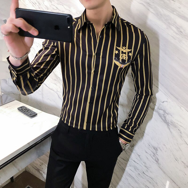 Casual gulrandig skjorta herr slim fit långärmad skjorta herr höstkläder kontor festskjorta herr