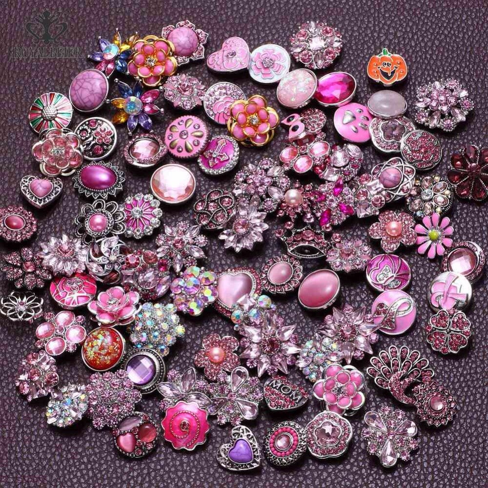 RoyalBeier 20pcs/lot Pink Series Mixed Styles Metal Button Charms 18mm Snap Button For 20mm Snap Bracelet Snap Jewelry KZHM076a