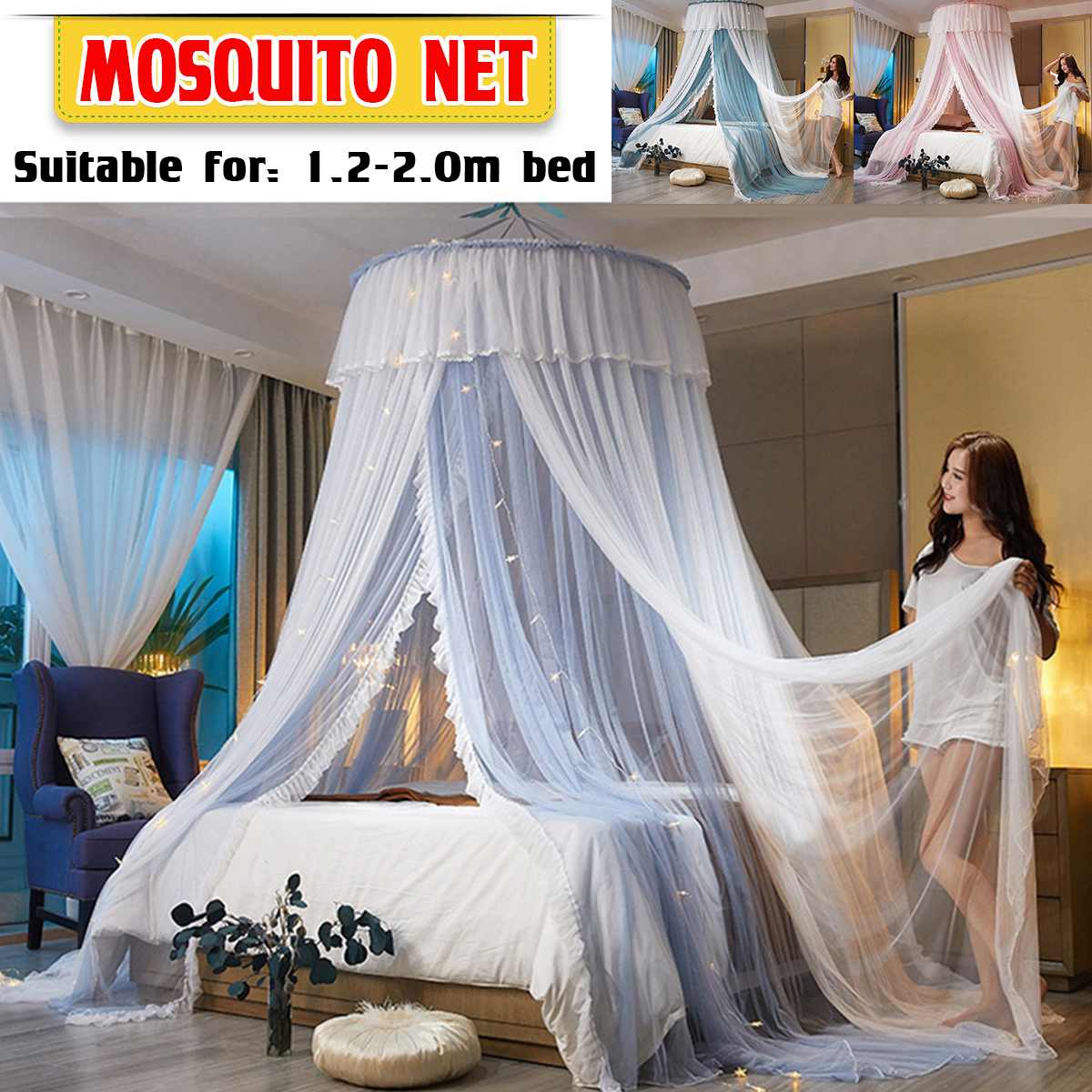 Luxury Double Layer Bed Canopy Mosquito Net Full Queen King Size Netting Bed Pink Purple White Round Princess Mosquito Net