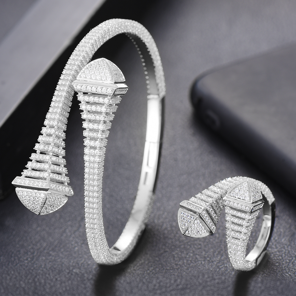 GODKI nowa sława marka 4 sztuk Waterdrop zestawy biżuterii dla kobiet Wedding Party Cubic cyrkon wysokiej klasy Craft Dubai zestaw biżuterii ślubnej: Silver Bangle Set