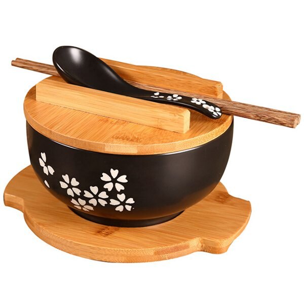 Japanse Kom Instant Noedels Servies Eetkamer Servies Salade Keramische Kom Brengen Houten Lepel Houten Eetstokje: With Wooden mat