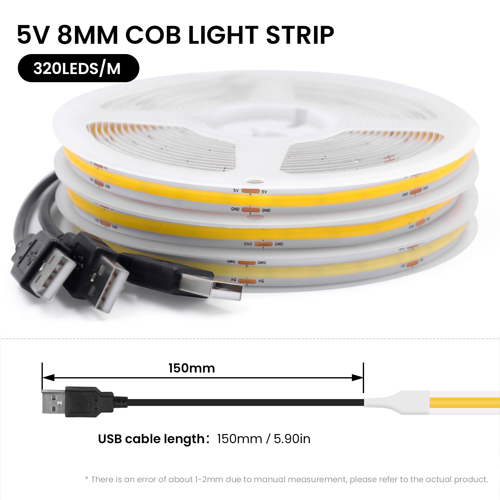 Tira de luces LED COB para iluminación trasera de TV, cinta Flexible de 5V CC, USB, 320LED/M, Blanco/azul hielo/rosa/amarillo/rosa/rojo/verde, lámpara de noche