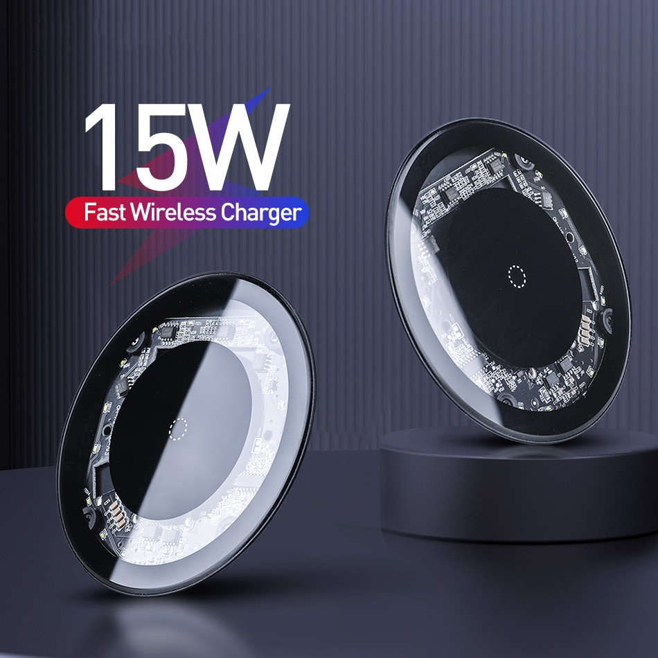 Carregador rápido sem fio qi 10w 15w, carregador wireless para iphone x, xr, xs, max, 11 pro, max, samsung s10, note 10 xiaomi 9 10 carregador sem fio transparente