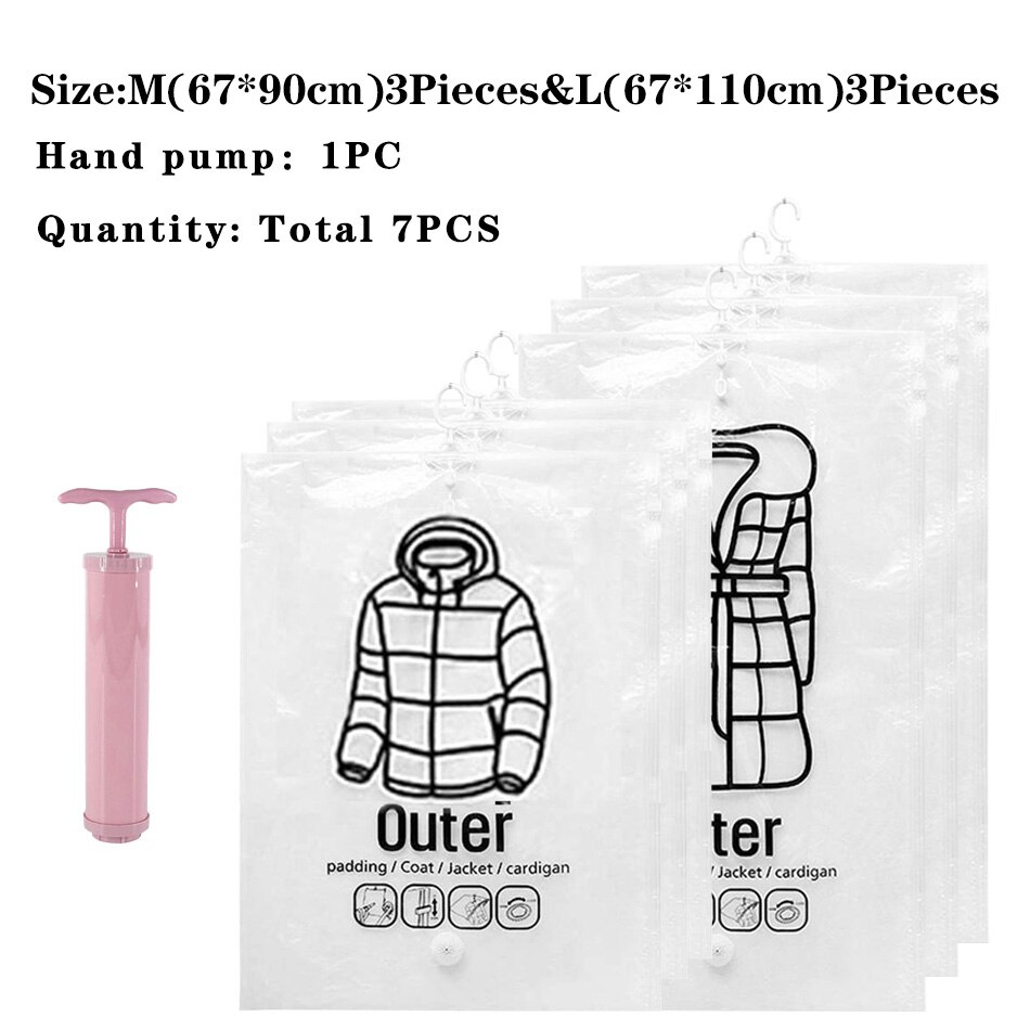 Hanging Vacuum Storage Bag Closet Organizer Space Saving Clear Seal Wardrobe Storage Bags With Hanger For Coats Jackets Suit: 3M 3L And Pump