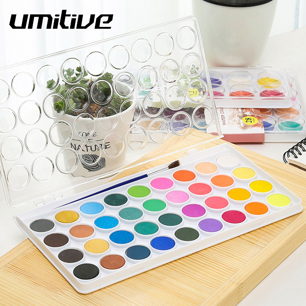 Umitive-Juego de acuarelas portátil para niños, 12/16/28/36 colores, pincel de Color agua, suministros de arte para pintar