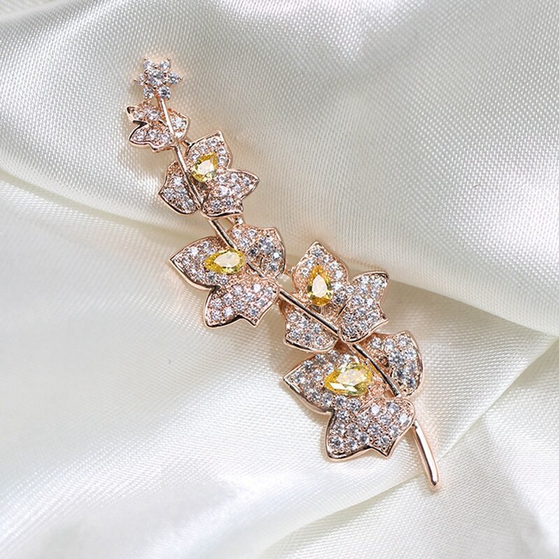 Charming Vine Plant Branch Yellow Flowers Brooch Gold Tone Mini Pave and Pear Shaped Cz Floral Vane Pin Bridal Jewelry