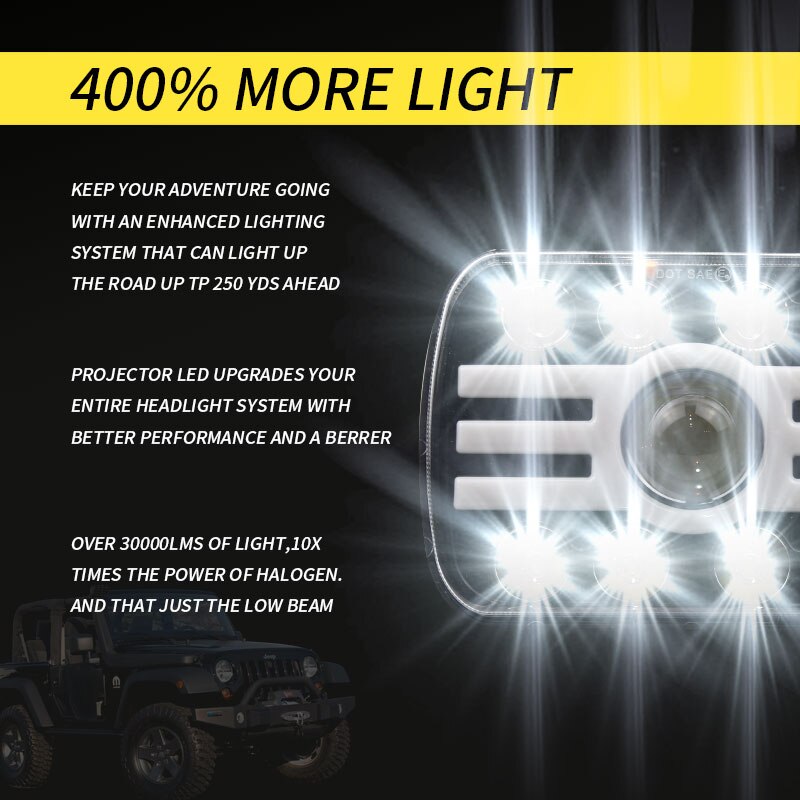 500w 7 x 6 " 5 x 7 " led phare hi lo beam drl 6000k pour jeep cherokee xj