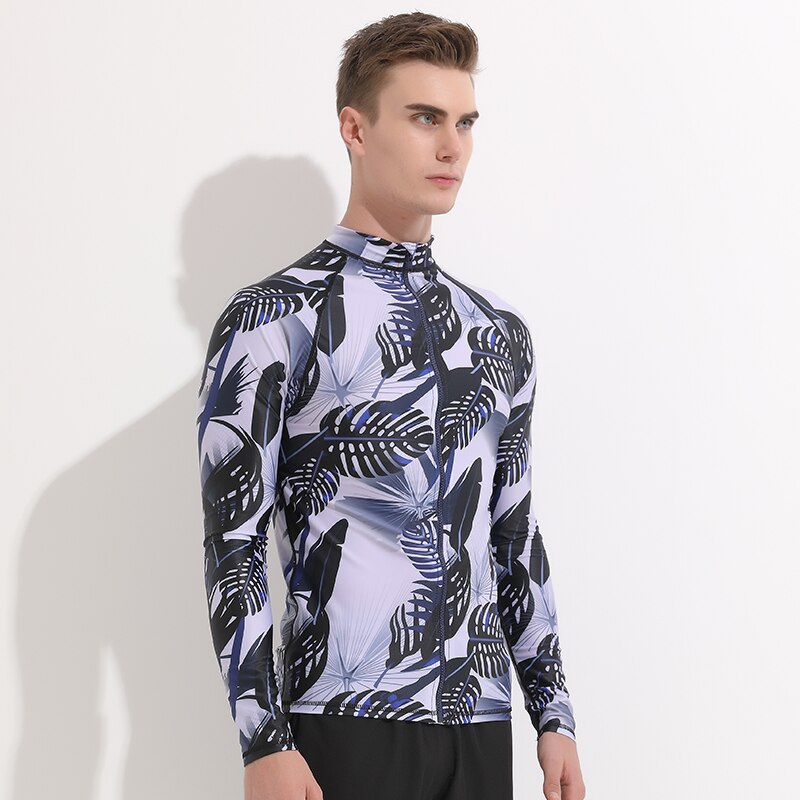 Men's Long Sleeve Zip Front Rash Guard Surf Swim Shirt Sun Protection UPF 40+ High Crew Neck Rashguard Tops UV Suits Print