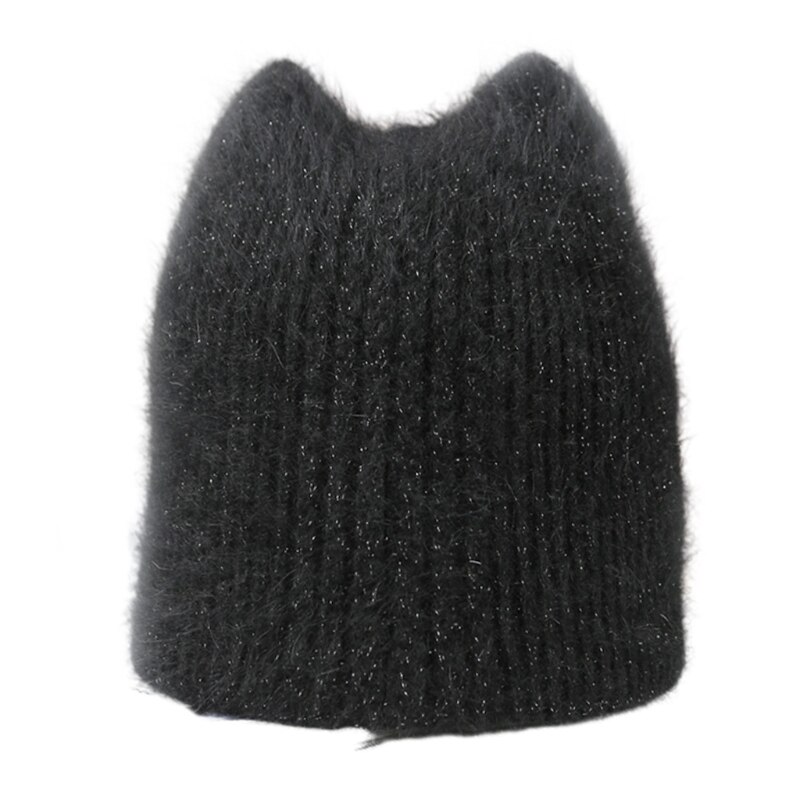 Gorro de lana de imitación con orejas de gatito para mujer, gorro de lana de imitación con orejas de gato, cálido, Color sólido: Black