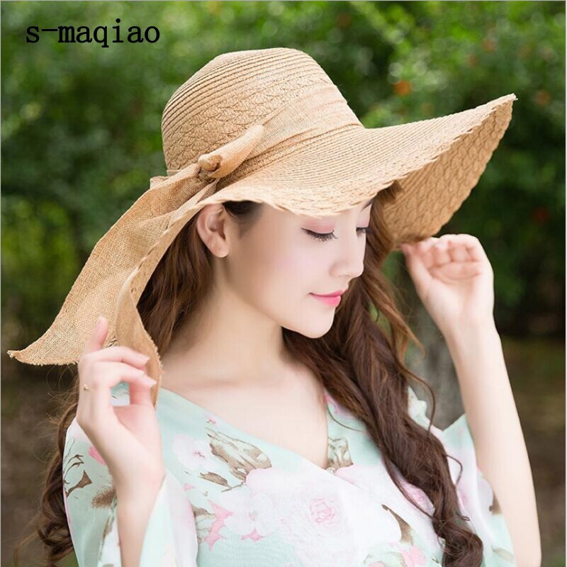 Sommarhatt dam stråhatt med stor brätte solfloppig bred brätte hattar pilbåge hopfällbar strandmössa gorros mujer verano