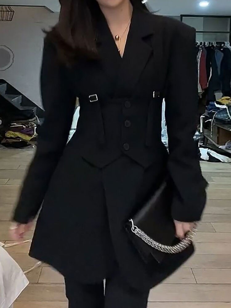 Chaqueta de vestir para mujer, conjunto de Blazer de 2 piezas, traje Retro europeo, cinturón de cintura informal, chaleco con cordones, Otoño,