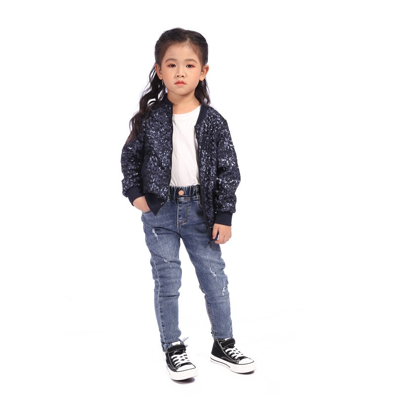 Herfst winter warme meisjes jas kleding bovenkleding lente kinderen kinderjassen meisjes pailletten blauwe korte jas casual kleding