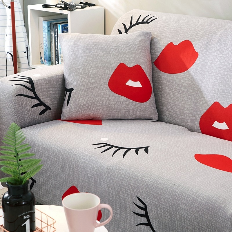 Stretch bankhoes rode lippen woordenpatroon elastische volledige bankhoes voor 1 to 4- zits/l-stijl/u-stijl mooie hoezen