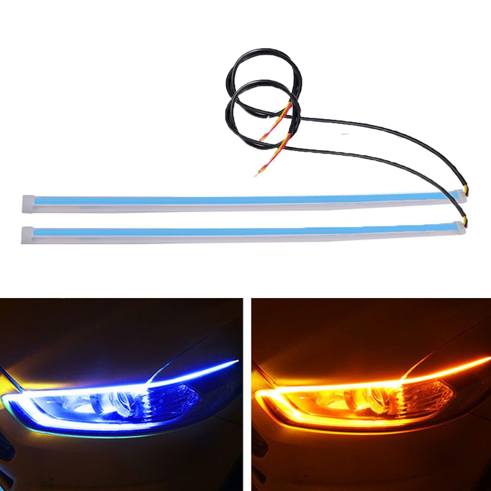 2 pièces LED DRL voiture feux diurnes Flexible bande étanche Auto phares blanc clignotant jaune feux de circulation de frein 12V: Blue to Yellow / 30cm ( 11.8inch )