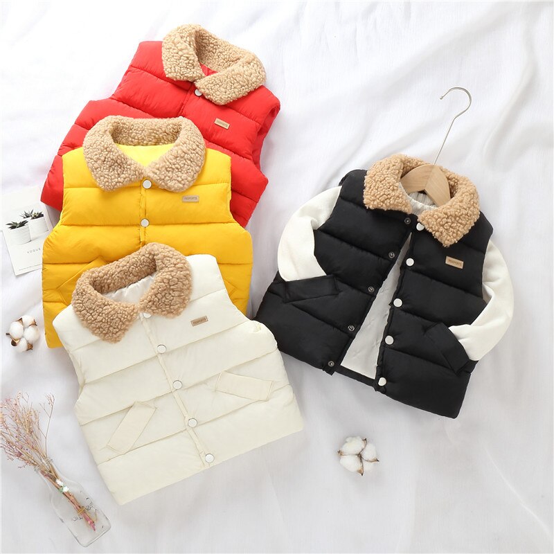 Children's Vest for Girls Turndown Collar Solid Sleeveless Jacket Boys Vests Winter Waistcoat Kids Gilet Fille Coats Lamb Wool