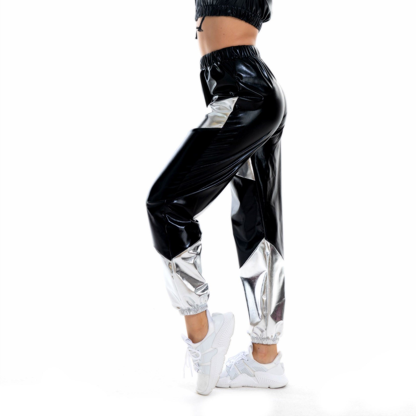 Metalliske skinnende damebukser holografisk natklub fritid gade hiphop fest patchwork rave outfits kvindelige lige bukser