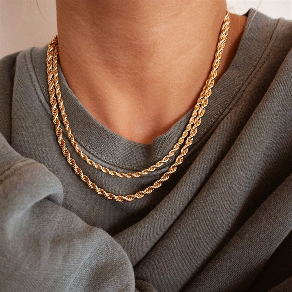 Collar de cadena de acero inoxidable para mujer y hombre, cadena trenzada de Color dorado, 3mm/4mm, joyería