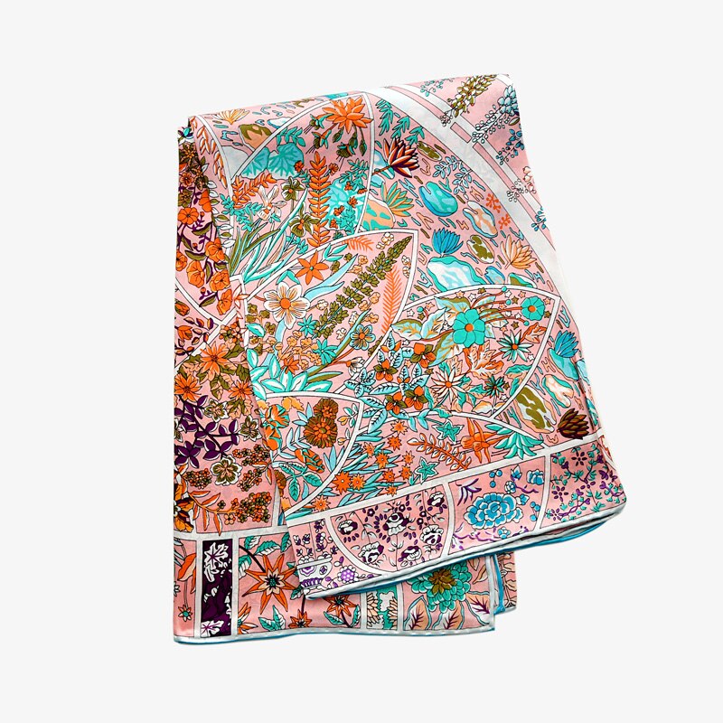 Pink blomstret ægte silke satin tørklæde kvinder 100%  naturlige silke hovedtørklæder firkantet forår efterår bandana sjal til damer: Lyserød