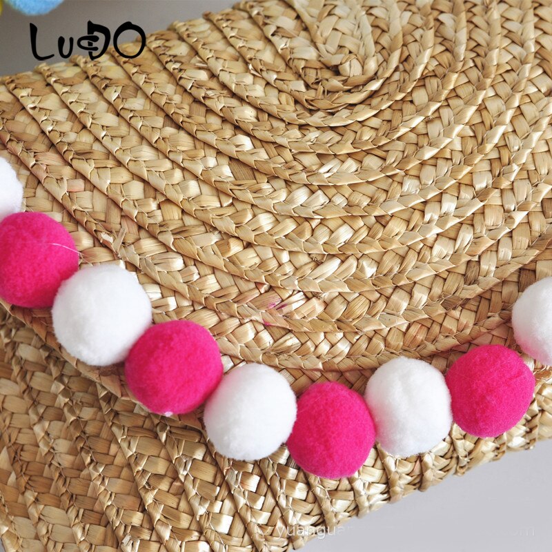 Bolso de paja para mujer, bolsa de mano tejida, paja de trigo trenzada, Bola de piel, decoración de verano salvaje, informal,