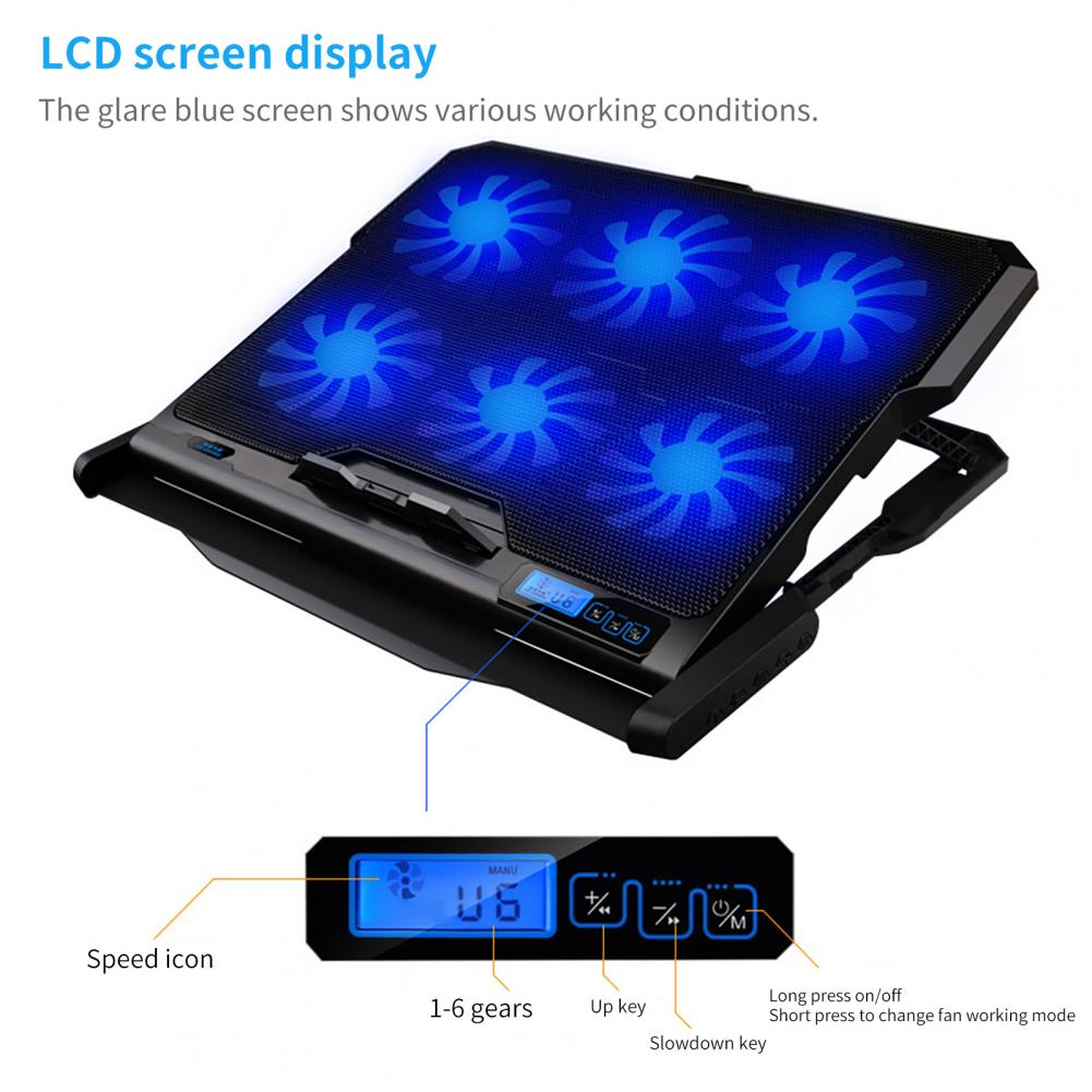 Base de refrigeración para ordenador portátil y PC, enfriador con 6 ventiladores, 2USB, LED, con ventilador de luz, soporte a prueba de deslizamiento