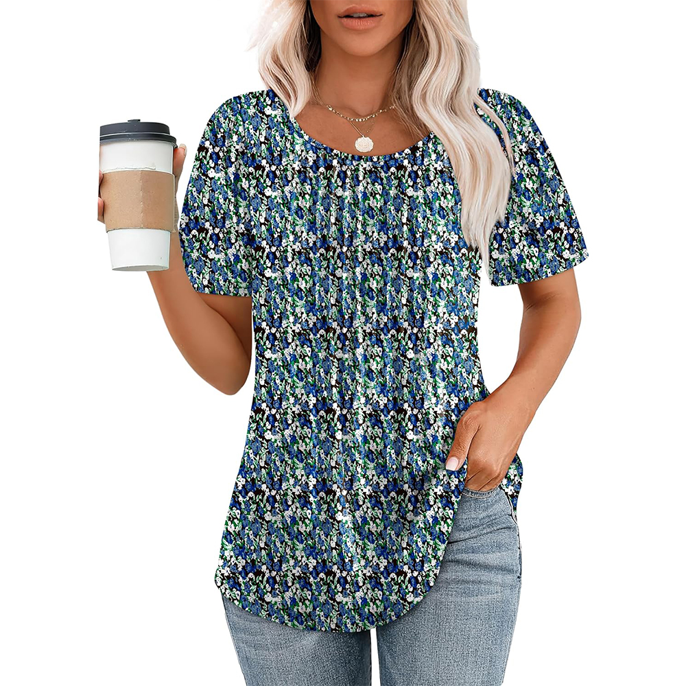 Dames T-shirts met korte mouwen, geplooid, chic, casual ronde hals, zomertops, blouses 2025: M / MULTI