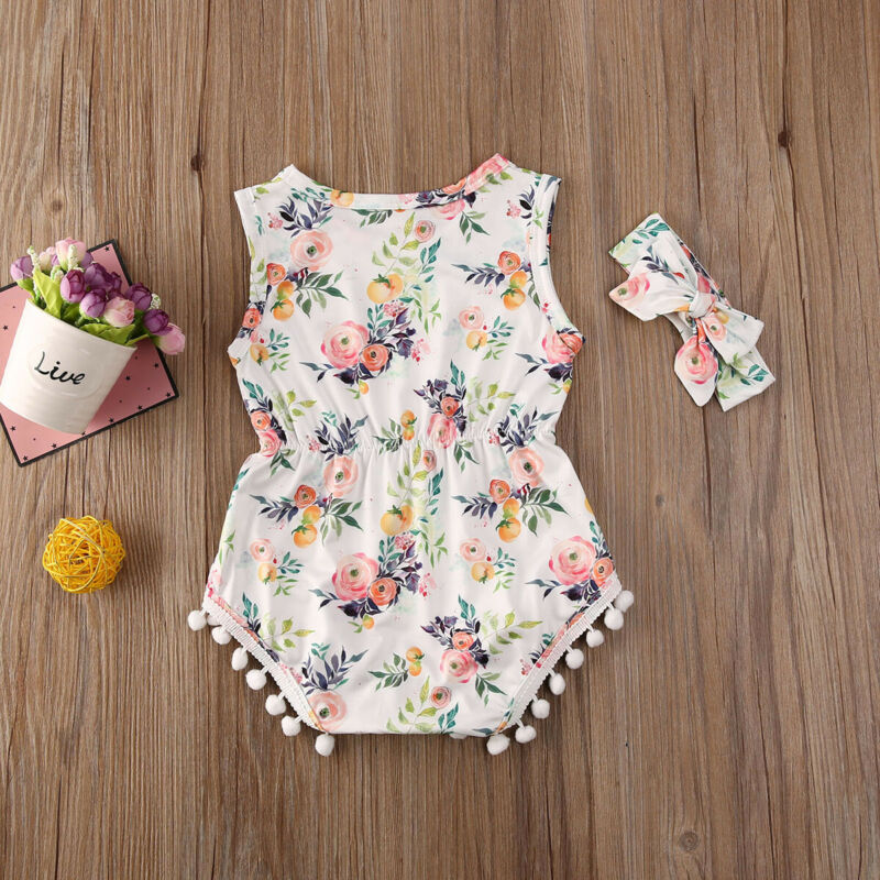 Bebis sommar kläder nyfödd bebis flickor småbarn blomma tofs boll body jumpsuit ärmlös soldräkt outfits