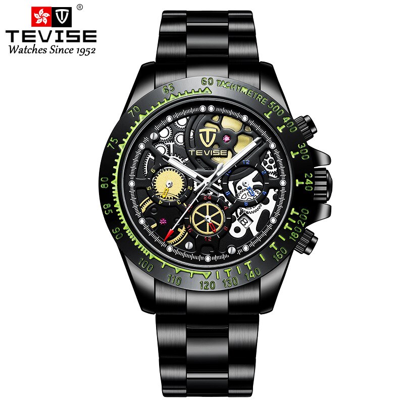 de TEVISE automatique mécanique hommes montre tout noir en acier inoxydable chronographe Date cadran hommes montre-bracelet mâle horloge: black