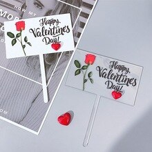 Rectangular Valentine's Day Acrylic Cake Topper Happy Valentine's Day Love Hearted Rose Flower Cake Decorations