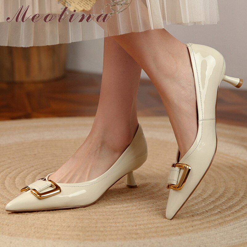 Meotina – chaussures en cuir véritable pour femmes, escarpins à bout pointu et à talons fins, décoration en métal, talon moyen , chaussures de printemps Caramel