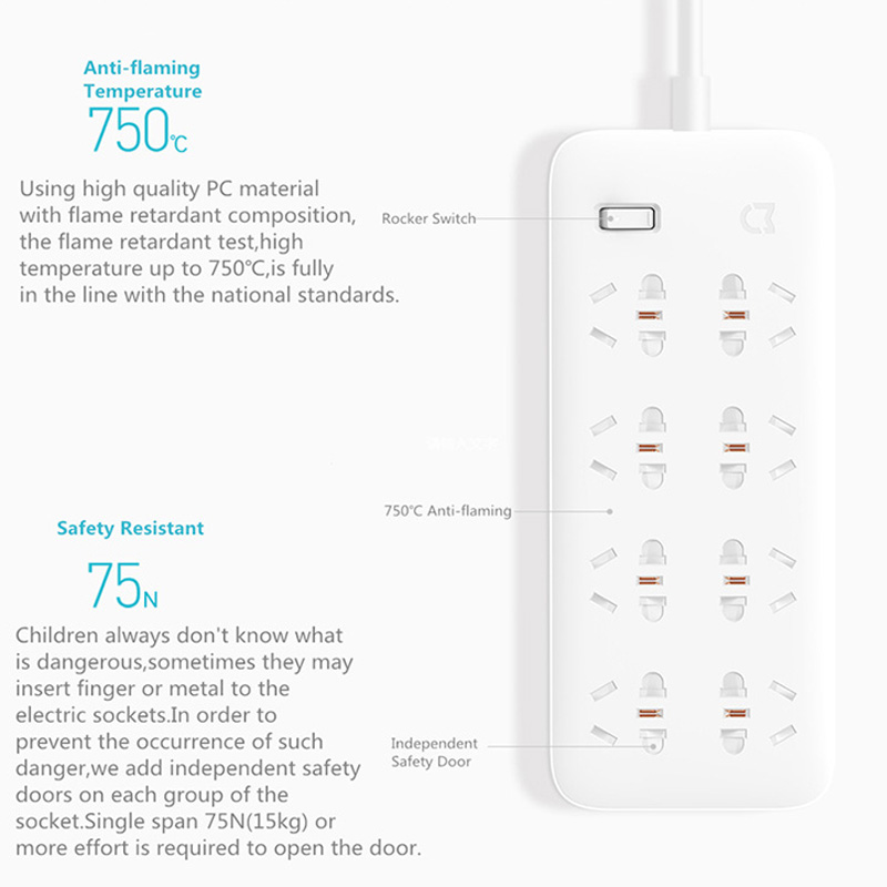 Xiaomi-regleta Mijia de carga rápida, 2500W, 10A, 5 enchufes estándar/4 enchufes de control estándar con Cable de 1,8 M de potencia de carga
