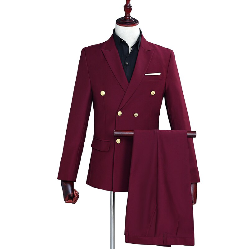 Men's Business Casual Suit Golden Double-Breasted Lapel Wine Red Slim Suit Two Piece Set (Jacket+Pants) Banquet Party Set
