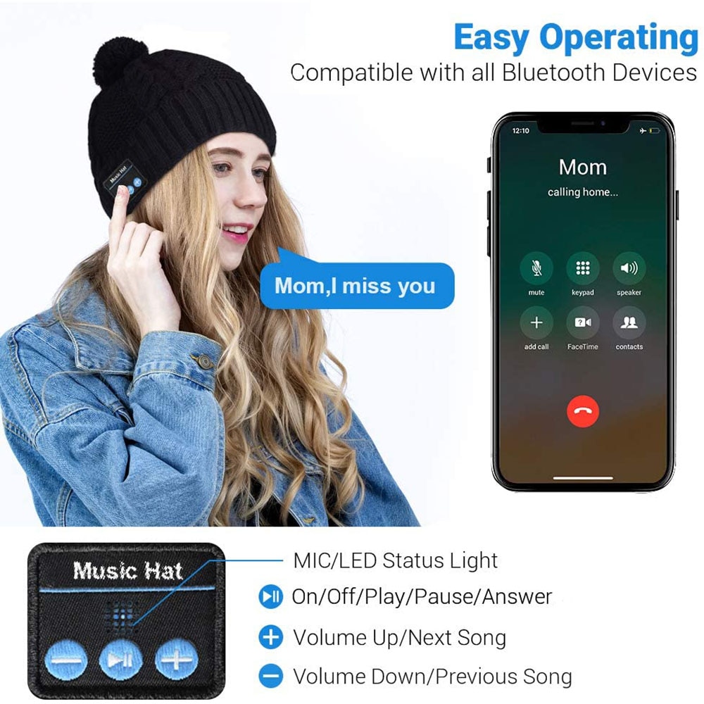 Gorro Bluetooth con altavoces incorporados, gorro con pompones y micrófono para deportes al aire libre, Fitness, Invierno
