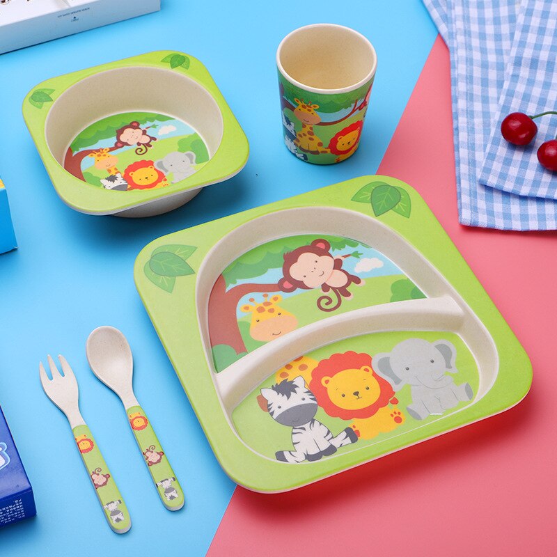 Imebaby5 pièce ensemble bambou vaisselle bambou bol bébé alimentation plaque créative dessin animé enfants bol/tasse/fourchette cuillère coffret: zoo