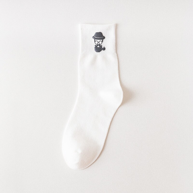 Chaozhu bomull #39 coola tecknade skägg glasögon yuppie ootd manliga strumpor höst vinter crew sox: Vit