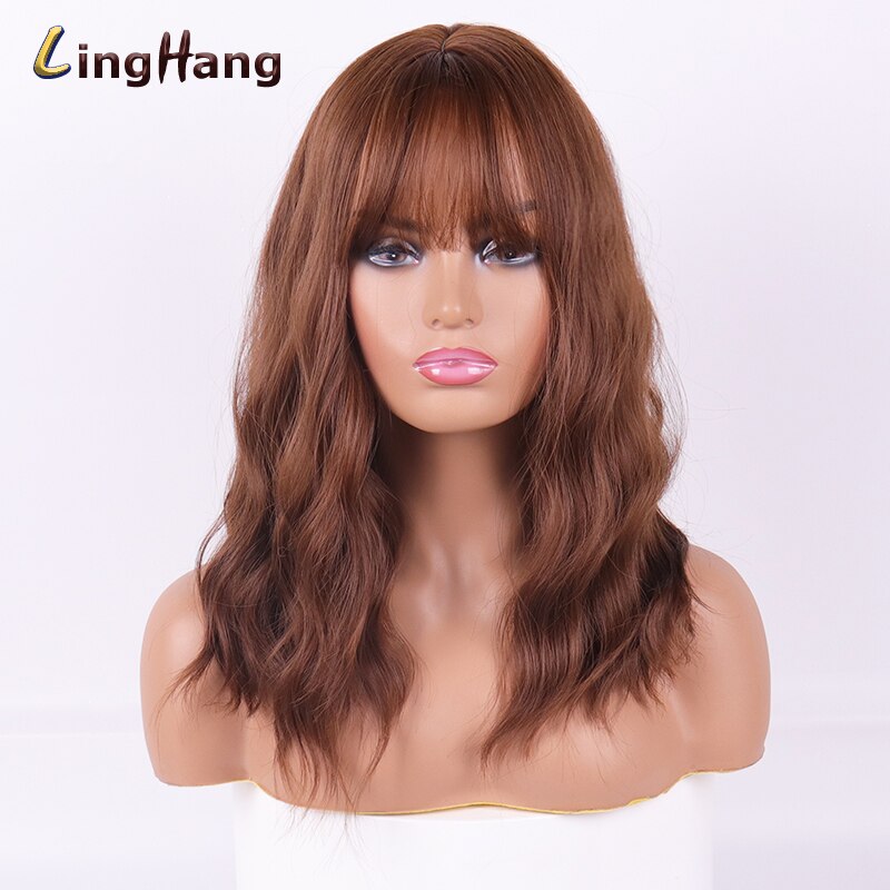 LINGHANG, pelucas de Rubia larga con flequillo, pelucas onduladas sintéticas resistentes al calor para mujeres, pelos de Afro-Americana