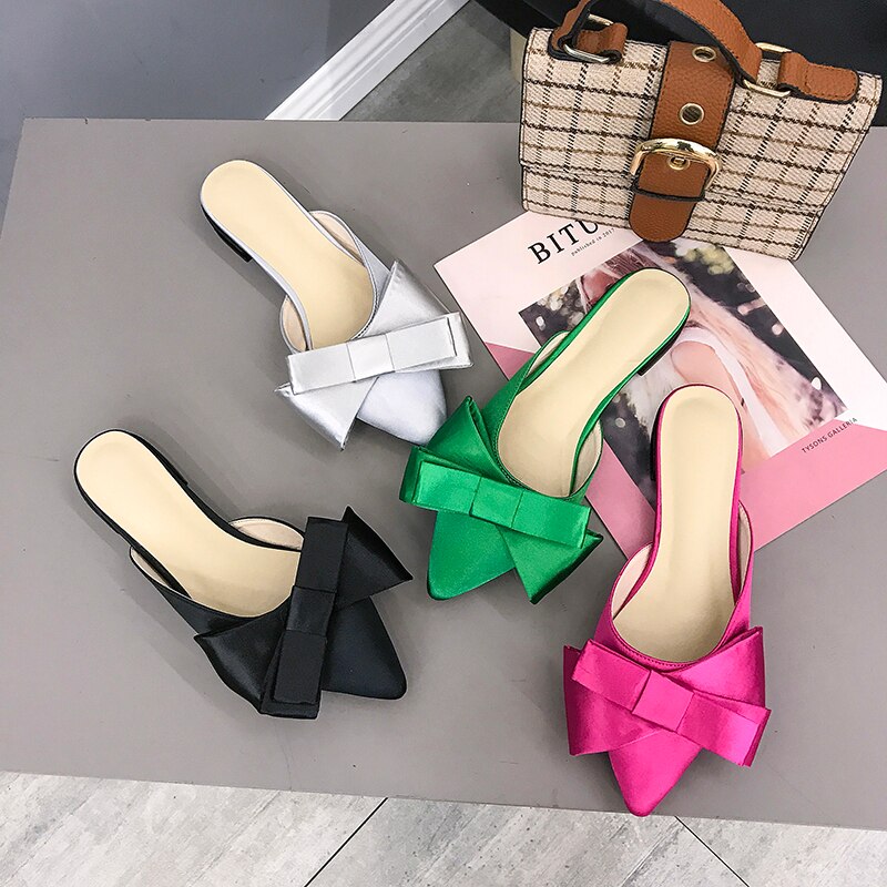 Zomer Vrouwen Schoenen Koreaanse Zijde Satijn Wees Teen Strikje Slippers Baotou Flats Hak Slides Slip Op Semi Slippers buiten