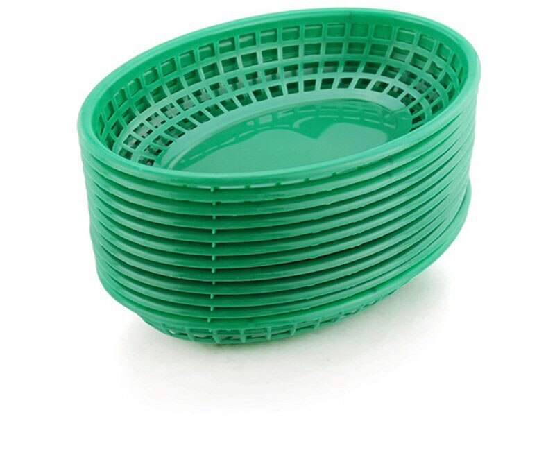 12 Uds. Cesta de comida rápida de plástico ovalada de 9,25 ", docena de bandejas de comida negras y rojas para servir patatas fritas, platos de cena, bandeja de pan para restaurante o Bar: Green
