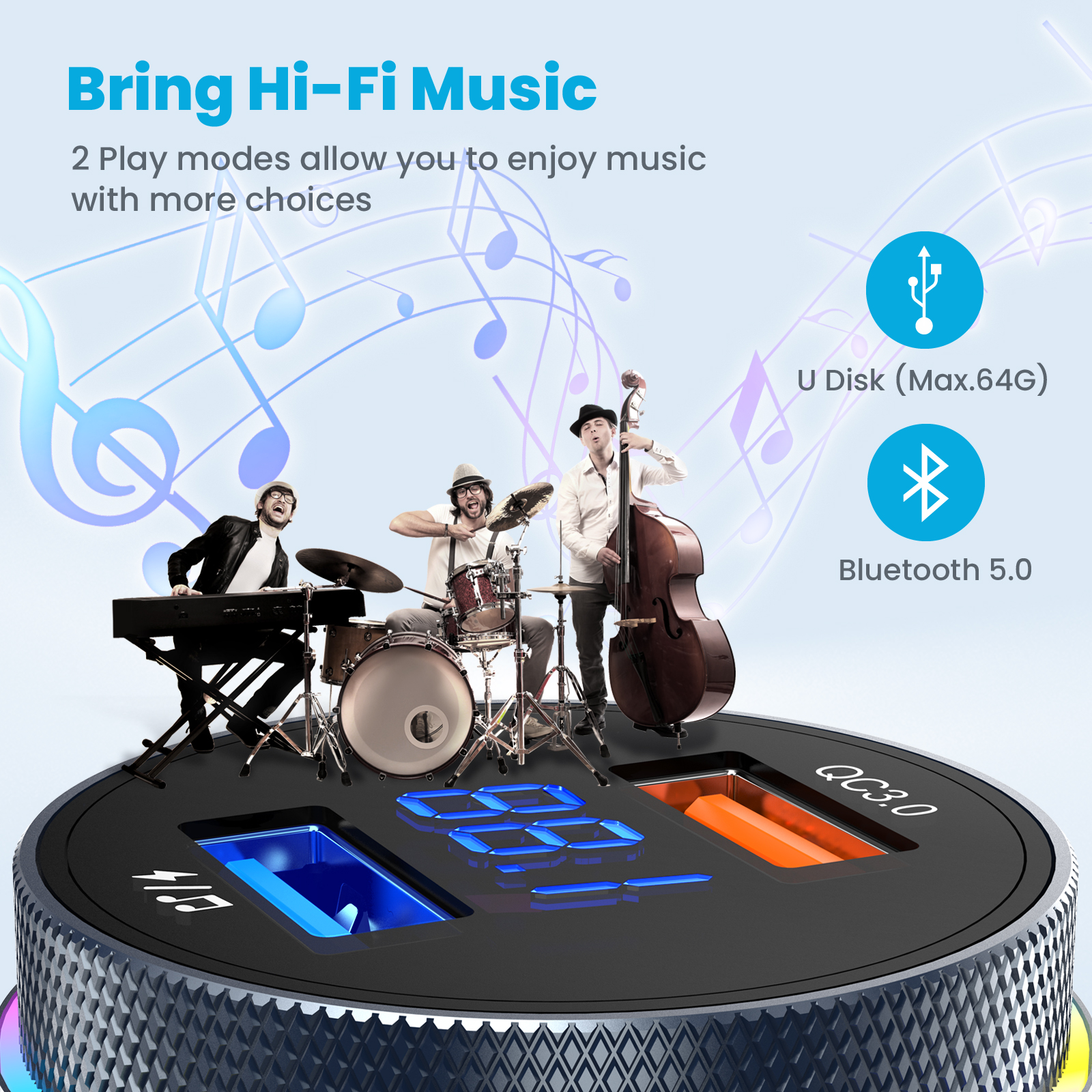 VicTsing Bluetooth 5.0 Car Adapter Upgraded FM Transmitter for Car 2 Microphones &amp; QC3.0 Wireless Car Radio Music Player