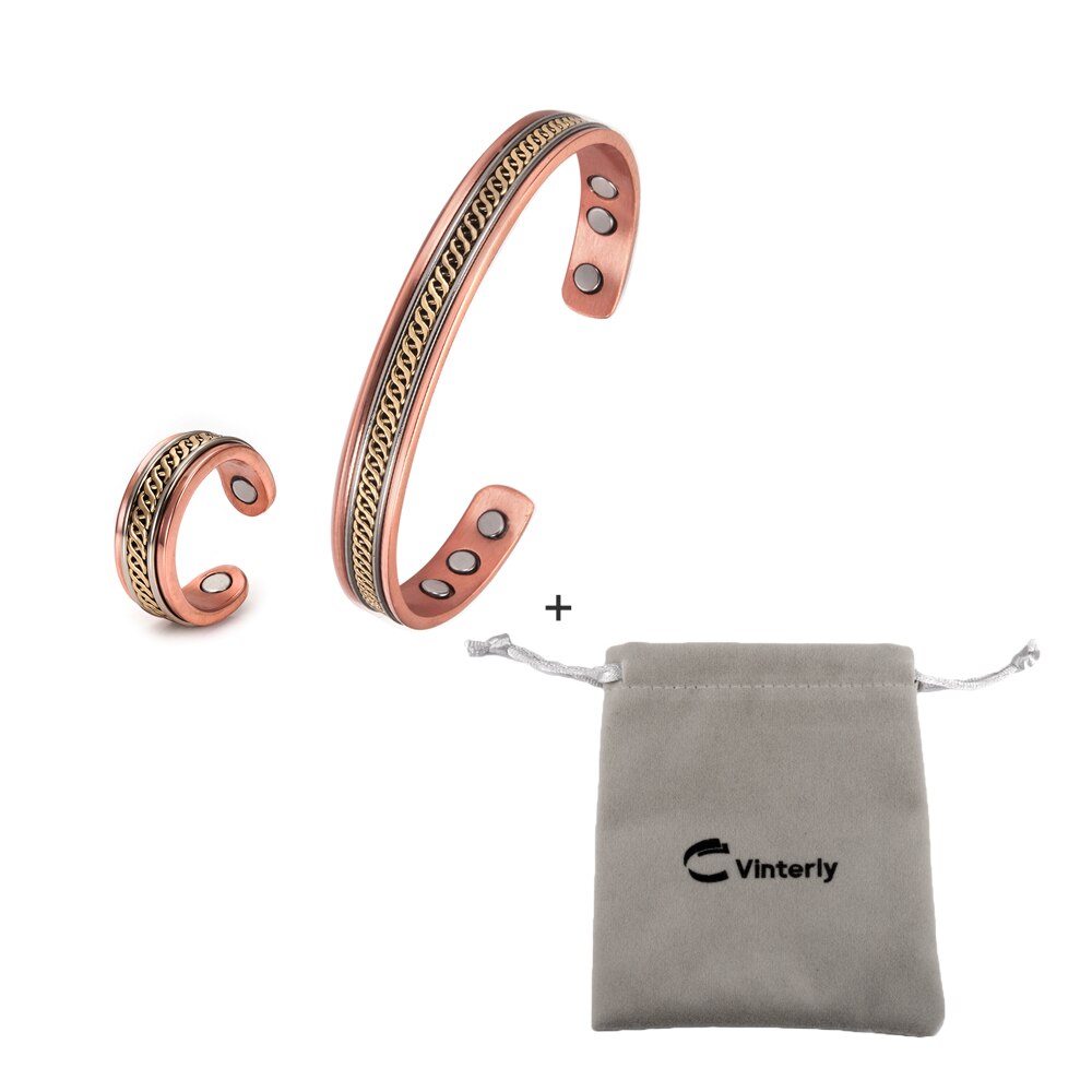 Jewelry-Set Magnetic Copper Bracelet Ring Healing Energy Jewelry Sets for Women Rose Gold Adjustable Cuff Ring Bracelets Bangles: braided bag