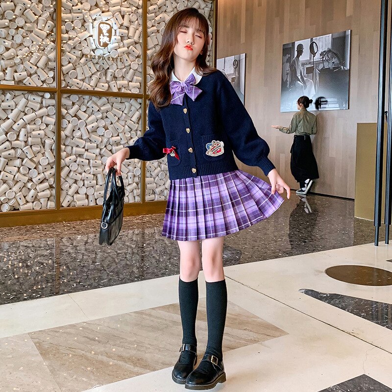 Spring Autumn Clothes Girls JK Uniform School Uniform College Students Sweater+Shirt+Skirt Girl Pleated Skirt 3 Piece Set
