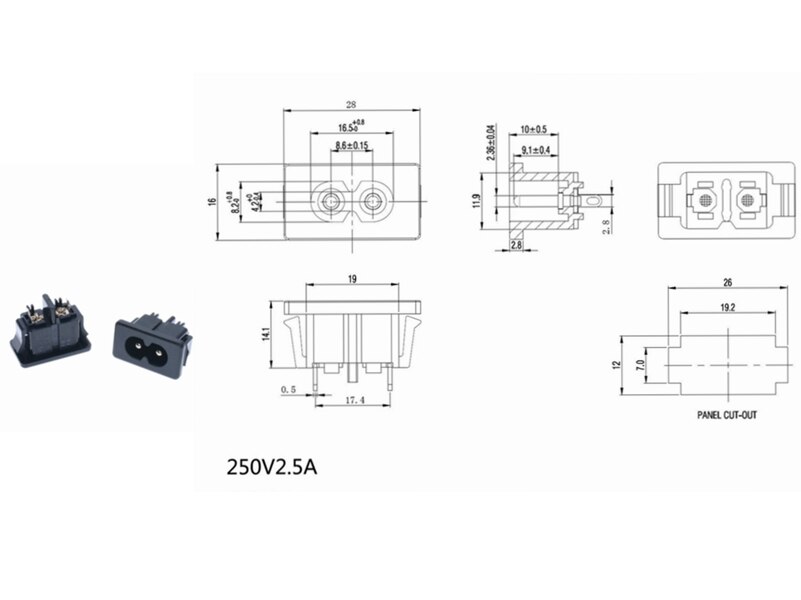 C8 Panel Mount Plug Adapter, 250V Ac 2.5A 2 Pins Iec Inlet Module Plug Power Connector Socket Rechte 10Pcs